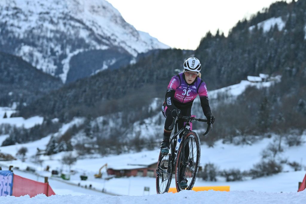 Belgian Alicia Franck pictured in action during the track reconaissance ahead of the Cyclocross World Cup race in Val di Sole Italy Saturday 11 December 2021 stage ten out of 16 in the World Cup of the 20212022 season BELGA PHOTO DAVID STOCKMAN Photo by DAVID STOCKMANBELGA MAGAFP via Getty Images