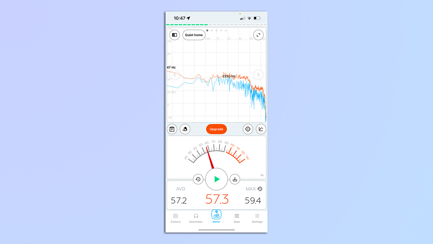 A screenshot from the DecibelX app showing the decibel measurement for the WalkingPad Z1.