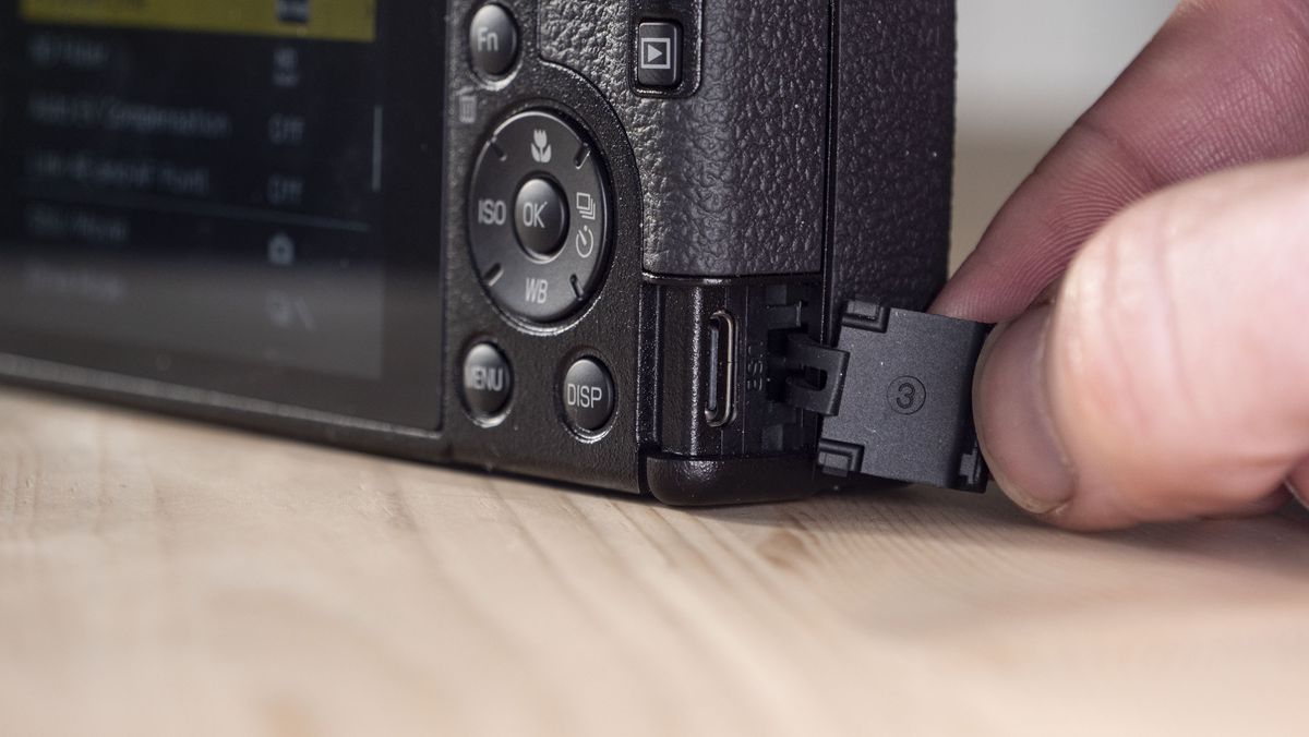 Closeup of the Ricoh GR IV compact camera's USB-C port