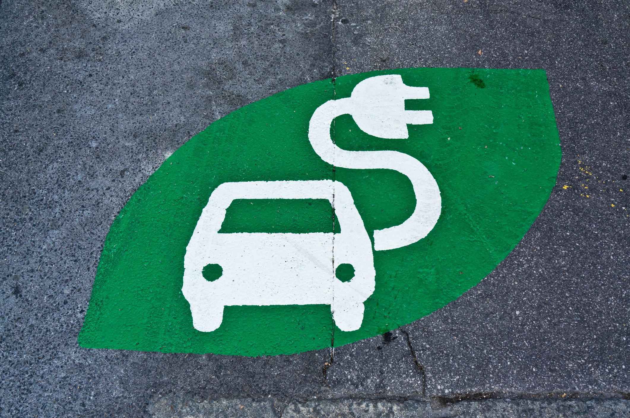 EV symbol painted on green leaf on road