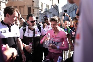 PERUGIA ITALY MAY 10 Stage winner Tadej Pogacar of Slovenia and UAE Team Emirates Pink Leader Jersey reacts after the 107th Giro dItalia 2024 Stage 7 a 406km individual time trial stage from Foligno to Perugia 472m UCIWT on May 10 2024 in Perugia Italy Photo by Marco Campelli PoolGetty Images