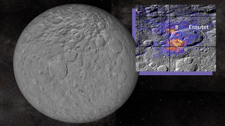 (Main) the dwarf planet Ceres (inset) data from NASA's Dawn spacecraft shows areas of organic material around the Emutet crater