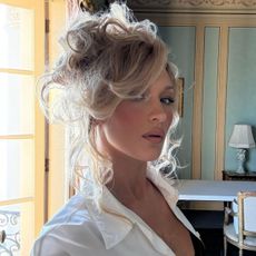 Bella Hadid with a messy updo and pink blusher