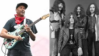 [Left]Tom Morello plays an Ibanez guitar against a bright backdrop. He wears a ballcap and a red bandana. [Right] Black Sabbath photographed in 1970