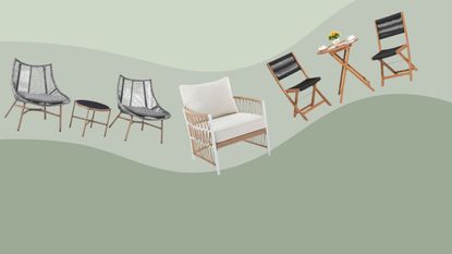 Walmart patio furniture pieces on green wavy background, two bistro sets and one single chair