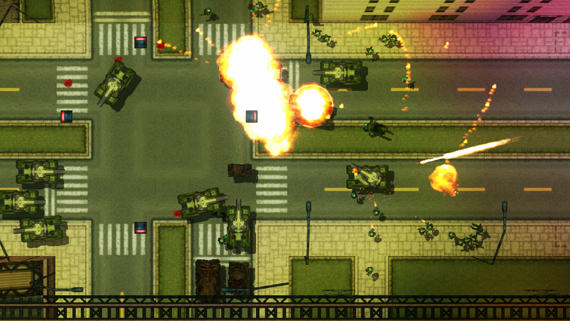 The player fights off the army on the streets of Grand Theft Auto 2