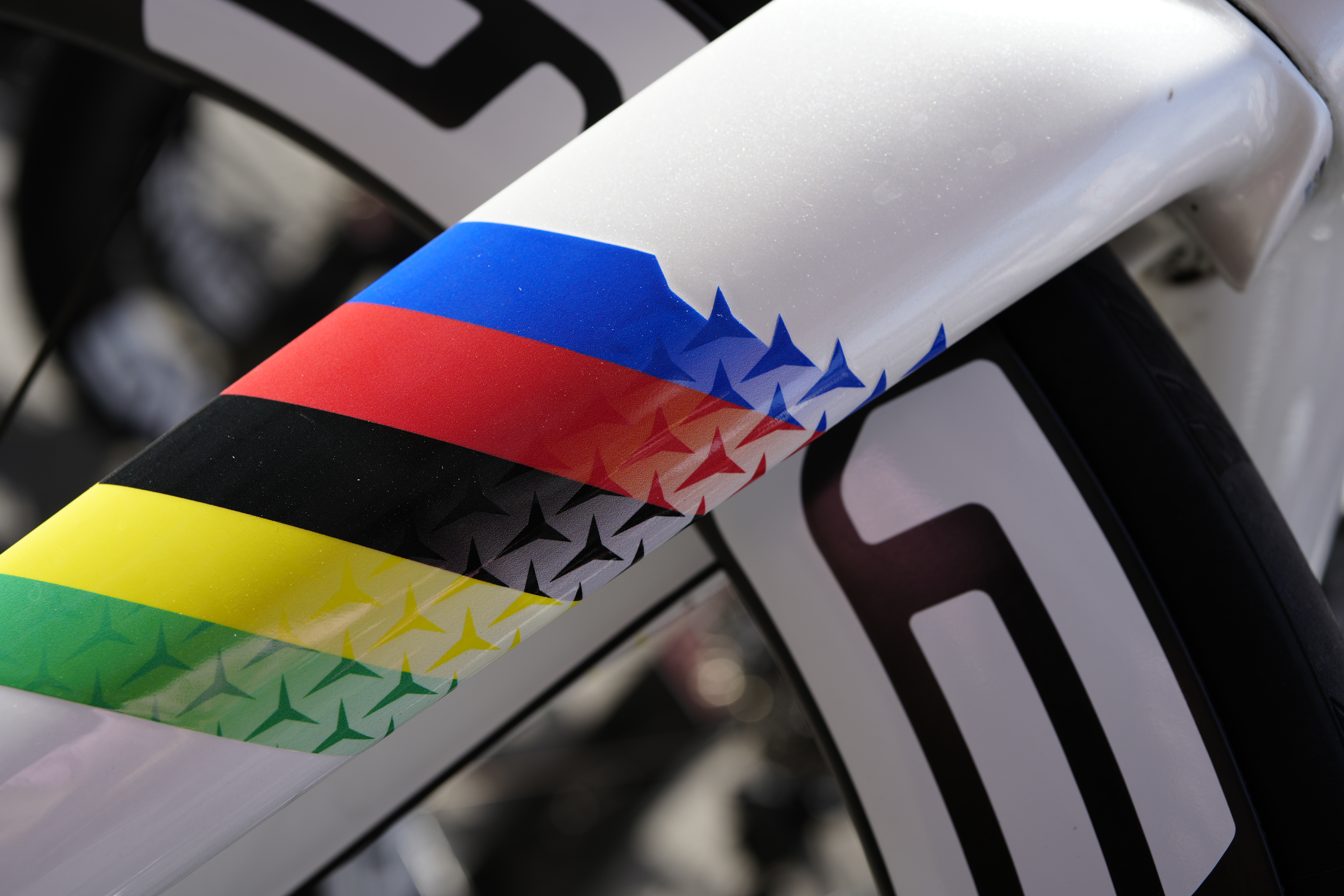 Fork detail of Tadej Pogačar Colnago Y1Rs with World Champion rainbow design