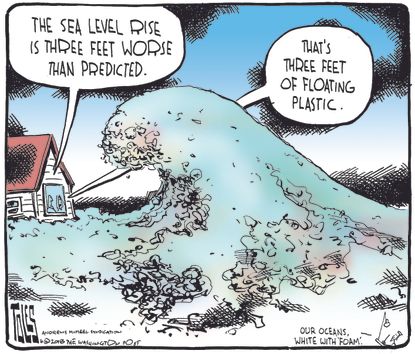 Political cartoon World environment climate change sea levels trash plastic pollution ocean