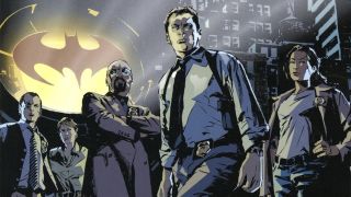 Harvey, Maggie, Montoya, Lucius standing in front of Bat Signal on the cover of Gotham Central Vol. 1