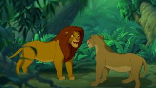 Simba and Nala reuniting in The Lion King.