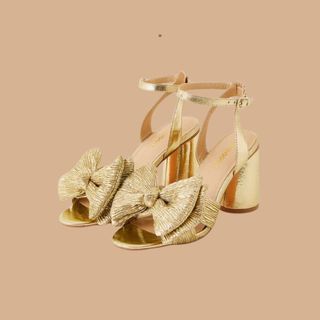 Metallic bow block heel sandals gold