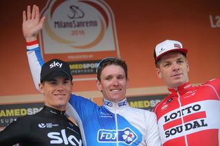 Ben Swift, Arnaud Demare and Jurgen Roelandts on the Milan-San Remo podium