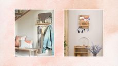 Two pictures of small entryways on a pink background