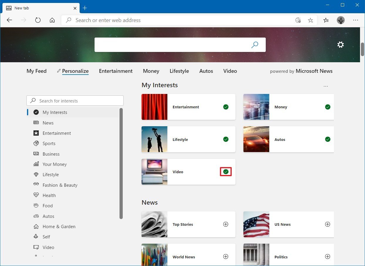 Microsoft Edge new tab my interests settings
