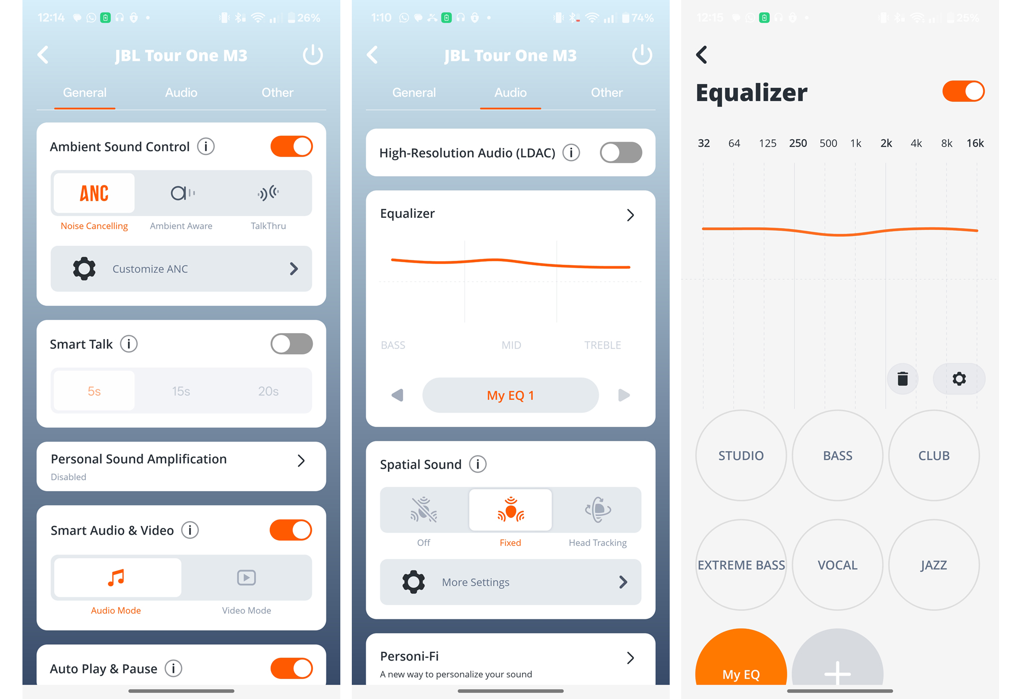 Screenshots showing JBL Headphones app with Tour One M3.