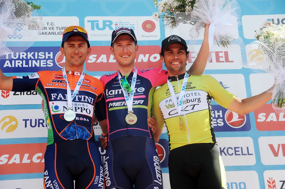 Daniele Colli of Nippo-Vini Fantini, Sacha Modolo of Lampre-Merida, and Marco Zanotti of Parkhotel Valkenburg celebrate on the podium for stage 4 of the 2016 Tour of Turkey