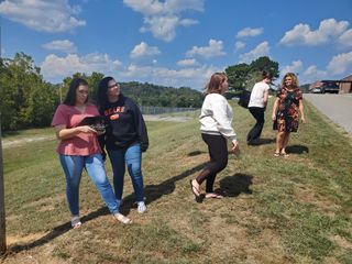 Students use drone controller outside