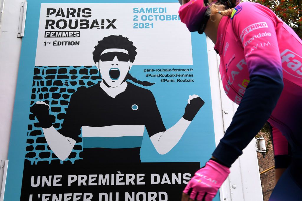 ROUBAIX FRANCE OCTOBER 02 Detailed view of a poster announcing the 1st ParisRoubaix 2021 Womens Elite a 1164km race from Denain to Roubaix ParisRoubaixFemmes ParisRoubaix on October 02 2021 in Roubaix France Photo by Tim de WaeleGetty Images