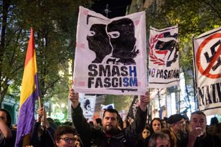 Hundreds protesting against fascism under the slogan "Fascism advances if it is not fought," in Madrid, Spain on Nov. 18, 2017. 