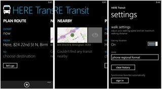 HERE Transit Main Pages and Settings