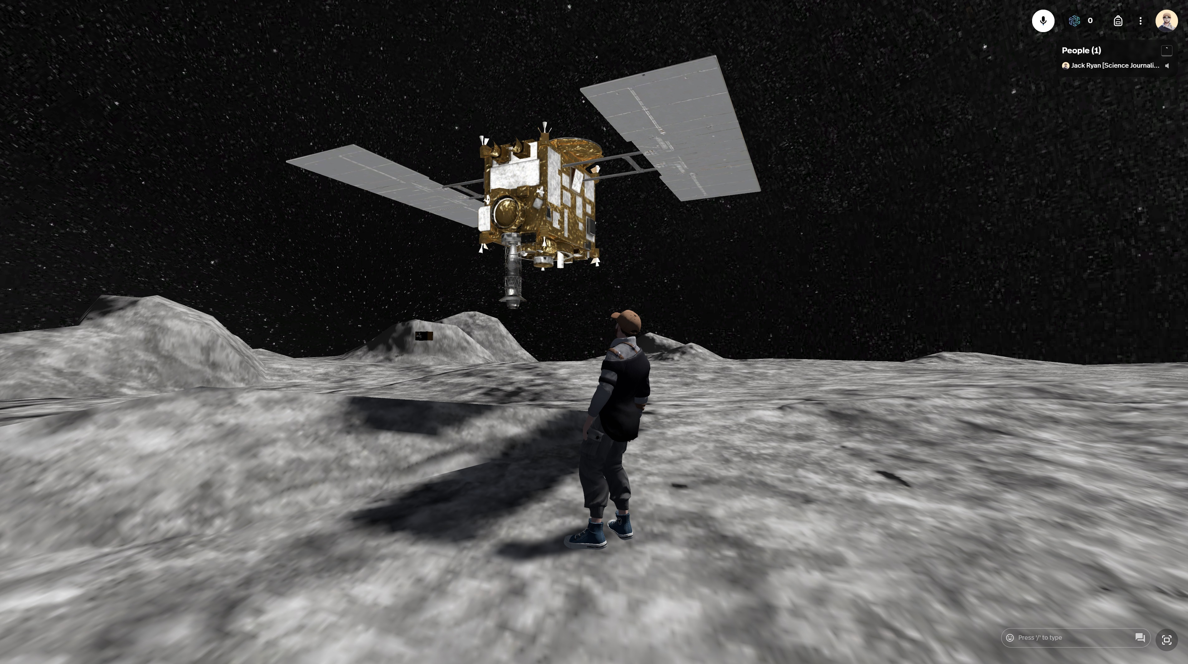 A drawn illustration of a man standing on the gray, rocky surface of an asteroid. He looks back at a space probe hovering in the distance against a starry sky in space.