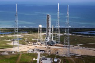 Artist rendering of Northrop Grumman's OmegA rocket standing on launchpad 39B at NASA's Kennedy Space Center in Florida. The company is on target for its first certification flight in 2021.