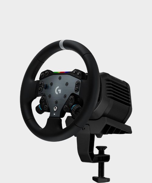The Logitech G RS50 wheelbase, wheel, and desk clamp on a plain background