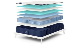 An exploded diagram showing the layers of the newly redesigned DreamCloud Hybrid mattress