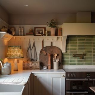 White kitchen cabinet with green splashback