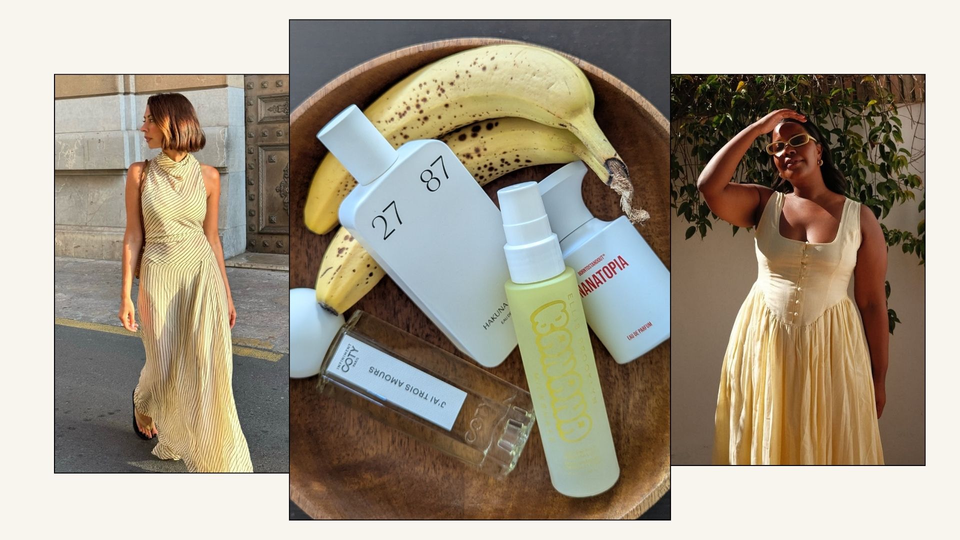 A collage of influencers wearing yellow dresses and a picture of the best banana perfumes in a wooden bowl with bananas