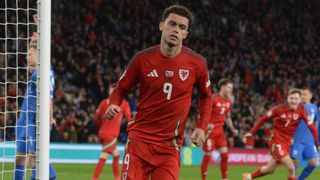 Wales&#039; Brennan Johnson celebrates scoring against Finland in a March 2024 Euro 24 qualifier