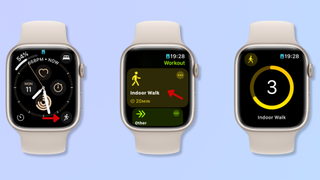 The first screenshot shows a Watch Face on the Apple Watch, with a red arrow pointing at the Workout complication. The second screenshot shows the Workout app, with a red arrow pointing at an Indoor Walk workout. The third screenshot shows a countdown timer in the workout app. 