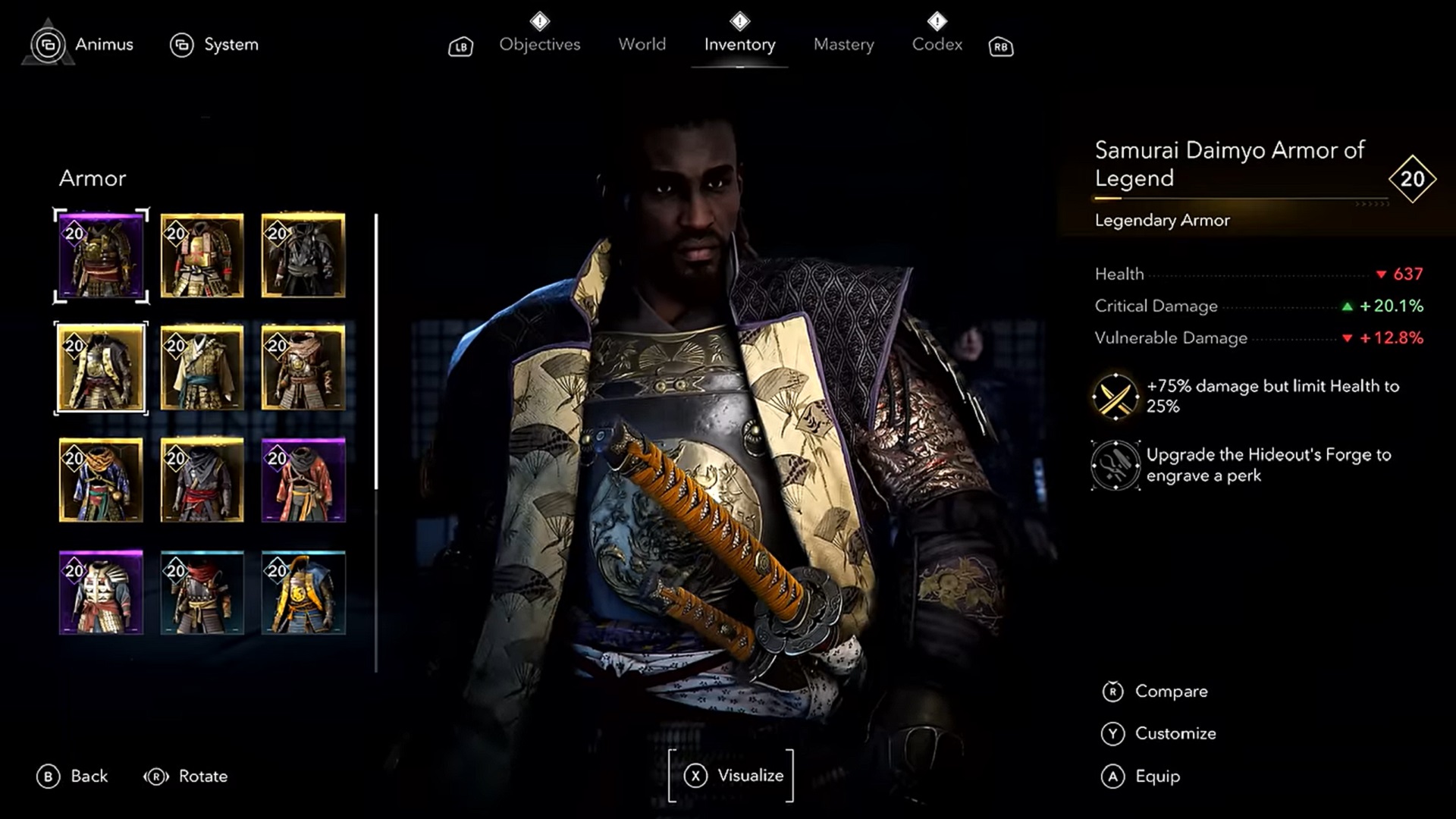 Assassin's Creed Shadows screenshot showing Yasuke's armor inventory screen w