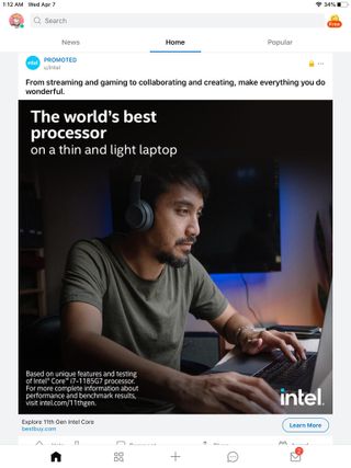 Screenshot of Intel's advertisement