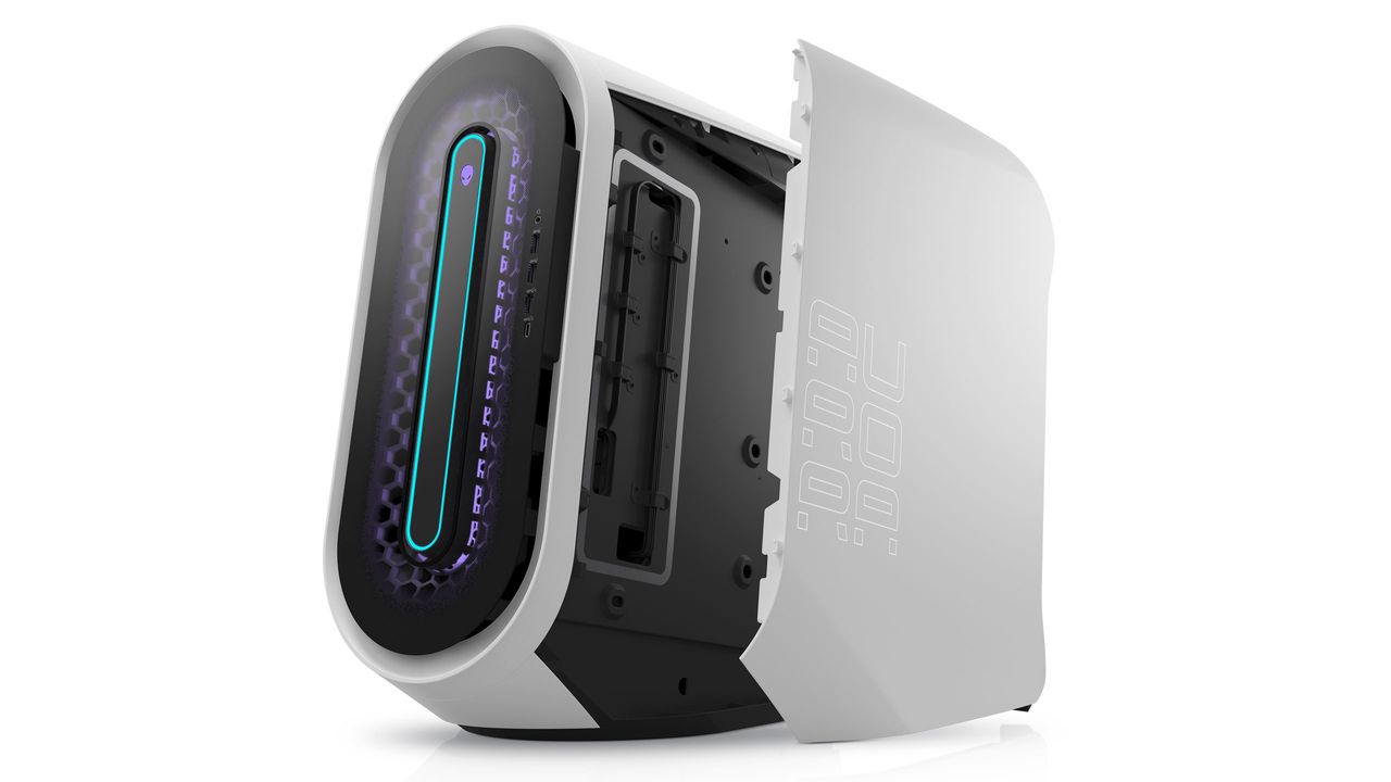 Alienware Aurora with right panel off and purple RGB