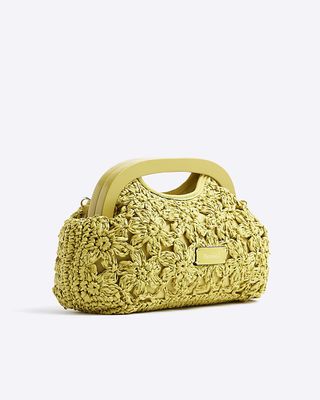 River Island, Green Raffia Floral Clutch Bag