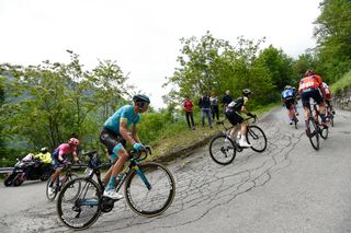LOVERE, ITALY - MAY 28: Giulio Ciccone of Italy and Team Trek - Segafredo Blue Mountain Jersey / Damiano Caruso of Italy and Team Bahrain - Merida / Mikel Nieve of Spain and Team Mitchelton - Scott / Jan Hirt of Czech Republic and Astana Pro Team / Joseph Lloyd Dombrowski of The United States and Team EF Education First / Passo del Mortirolo (1854m)/ during the 102nd Giro d'Italia 2019, Stage 16 a 194km stage from Lovere to Ponte di Legno 1254m / Tour of Italy / #Giro / @giroditalia / on May 28, 2019 in Lovere, Italy. (Photo by Fabio Ferrari-Pool/Getty Images)