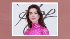 Anne Hathaway is seen with burgundy brown hair whilst arriving at the Valentino haute couture fall/winter 22/23 fashion show on July 08, 2022 in Rome, Italy/ in a dark pink textured template