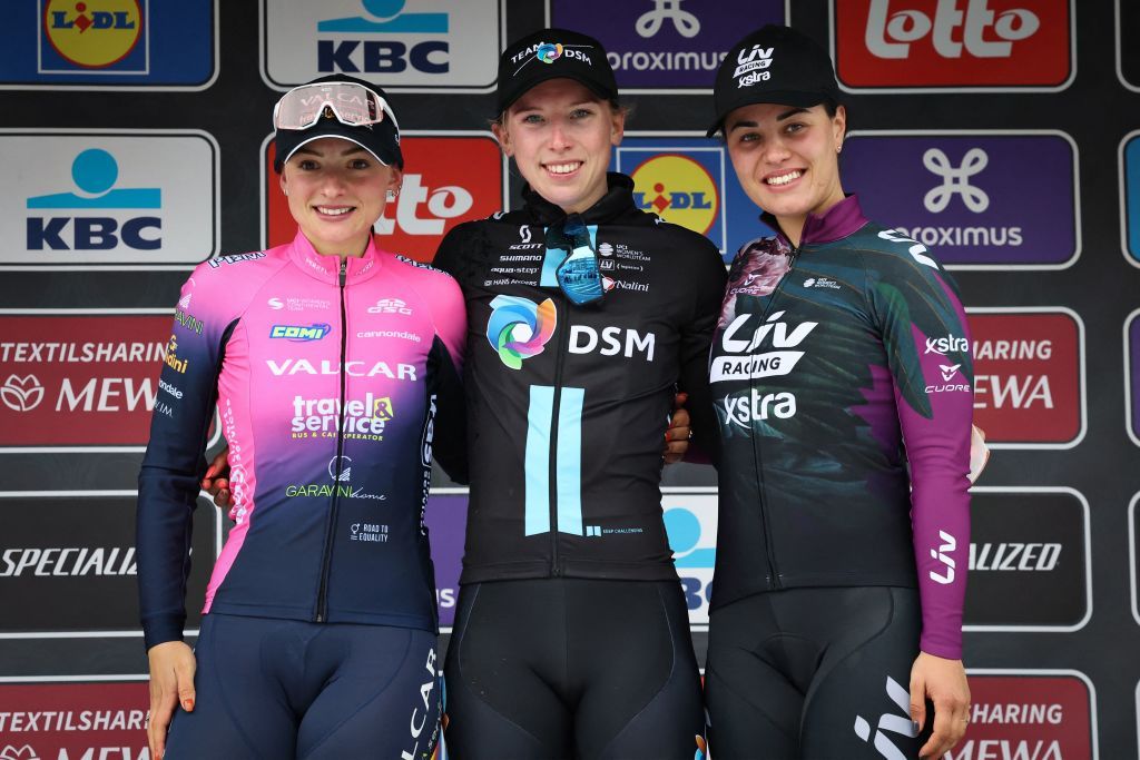 Italian Chiara Consonni of Valcar Travel and Service Dutch Lorena Wiebes of Team DSM and Italian Rachele Barbieri pictured on the podium after the womens race of the Scheldeprijs one day cycling event 1381km from and to Schoten on Wednesday 06 April 2022 BELGA PHOTO KURT DESPLENTER Photo by KURT DESPLENTER BELGA MAG Belga via AFP Photo by KURT DESPLENTERBELGA MAGAFP via Getty Images