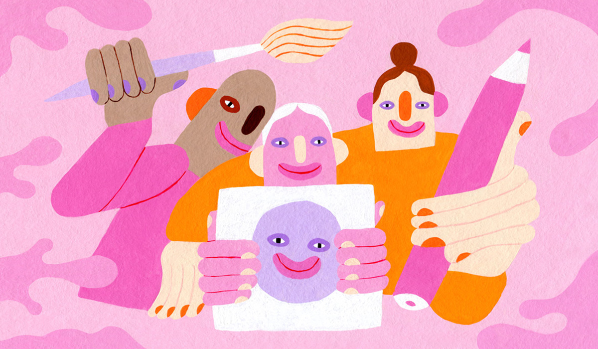 illustration of young designers armed with a paintbrush pencil and drawing