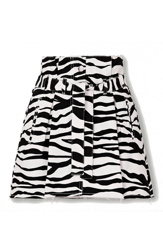 Belted frayed zebra-print denim mini skirt