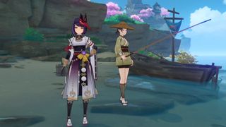 Sara stands next to a Fishing Association NPC, located on a beach in Inazuma