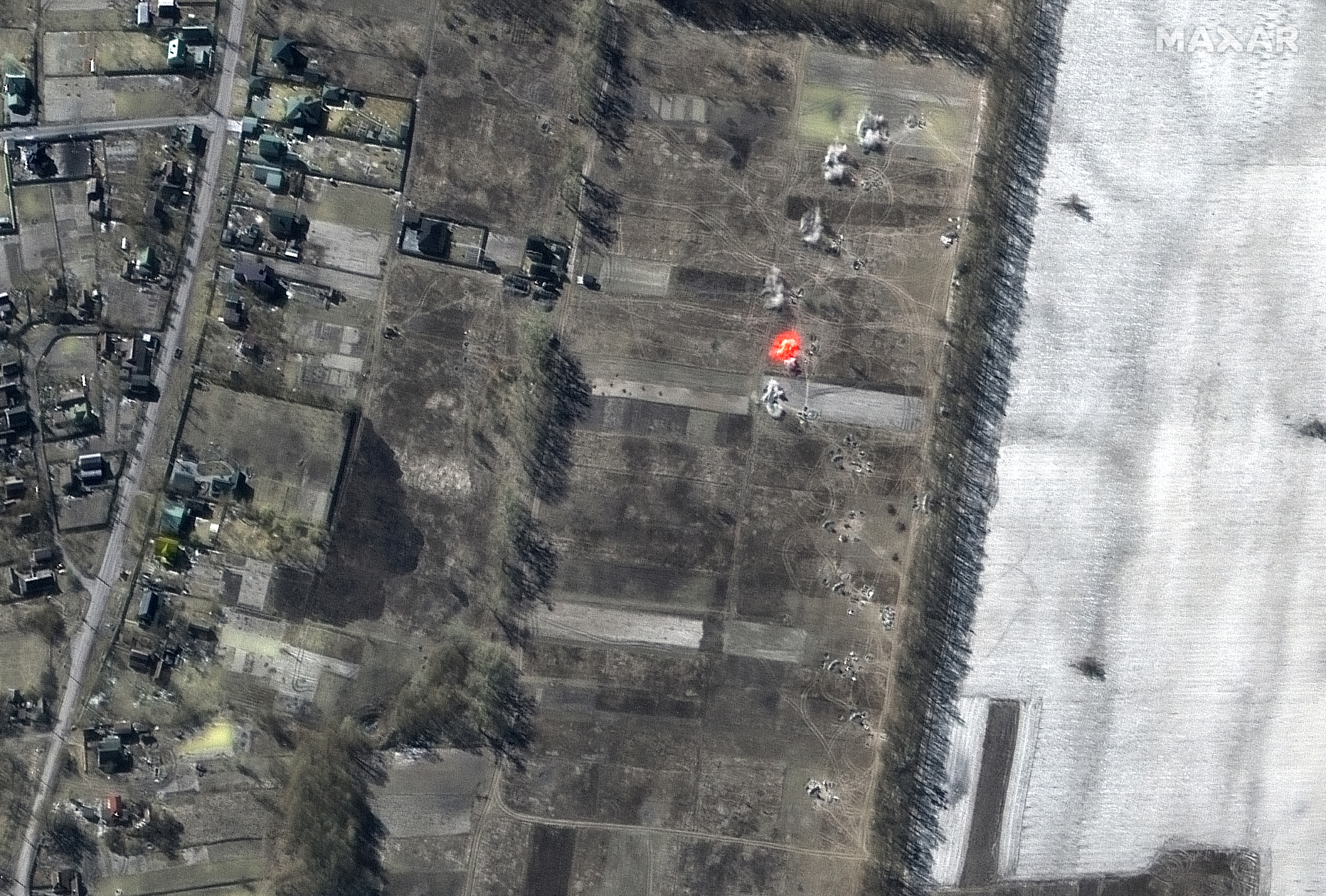 A multispectral satellite images of an artillery battalion actively firing in a southeasterly direction on March 11, 2022 as seen by the WorldView-2 satellite for Maxar Technologies.