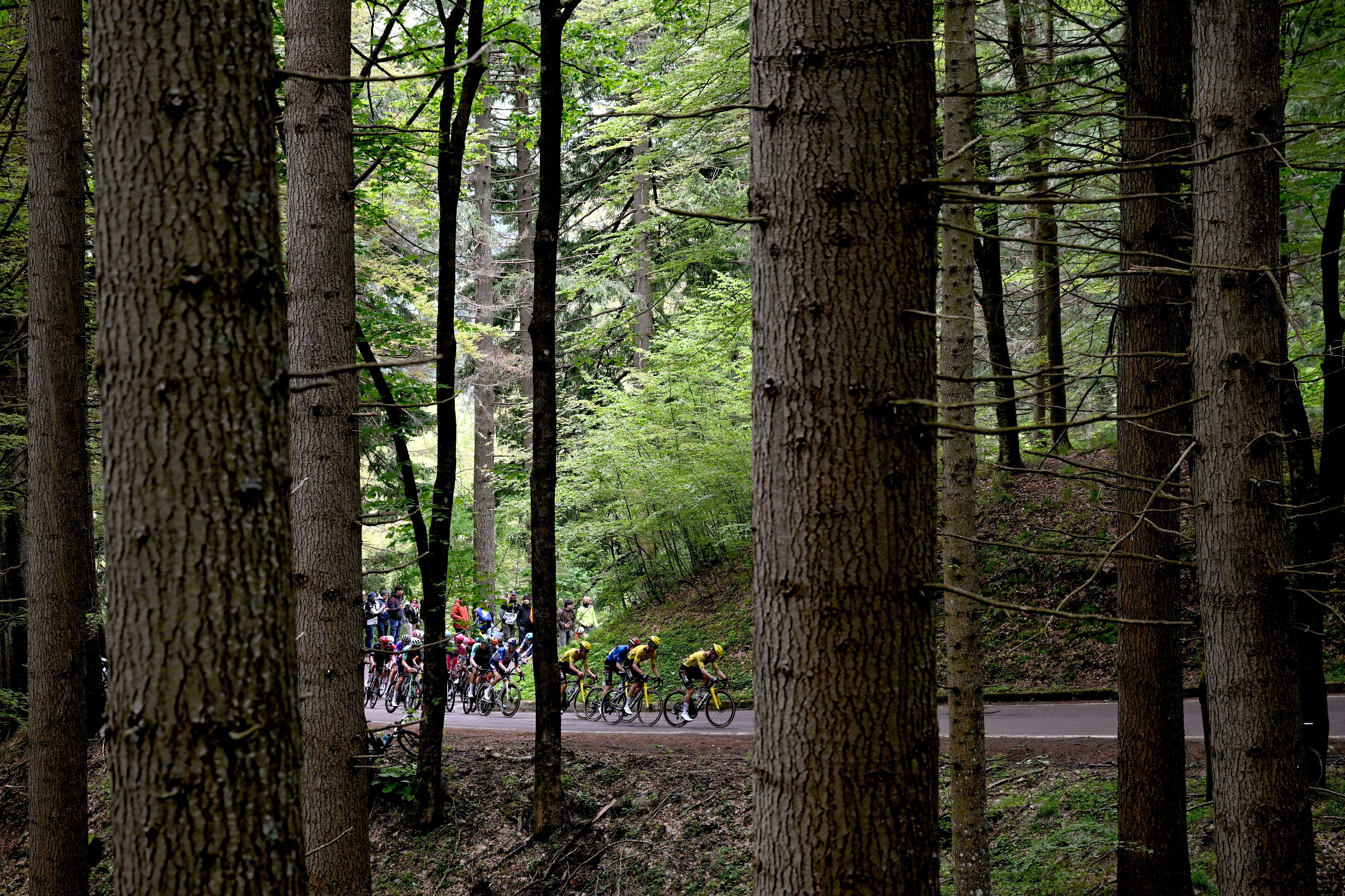 CORNO ALLE SCALE, ITALY - MAY 17: Stage winner Jonas Vingegaard of Denmark and Team Visma | Lease a Bike - Blue Mountain Jersey and a general view of the peloton competing during the 109th Giro d'Italia 2026, Stage 9 a 184km stage from Cervia to Corno alle Scale 1469m / #UCIWT / on May 17, 2026 in Corno alle Scale, Italy. (Photo by Dario Belingheri/Getty Images)