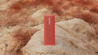 Sonos Roam in red on a rock landscape