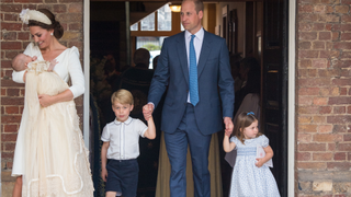 Catherine Duchess of Cambridge and Prince William, Duke of Cambridge with their children Prince George, Princess Charlotte and Prince Louis after Prince Louis' christening at St James's Palace on July 09, 2018 in London, England