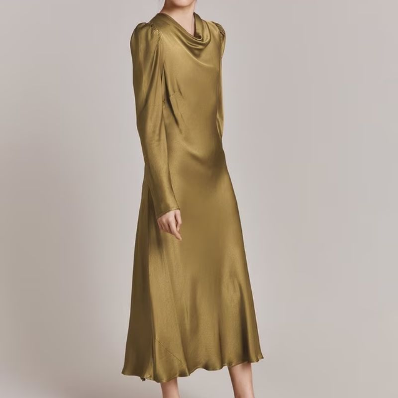 draped olive satin dress