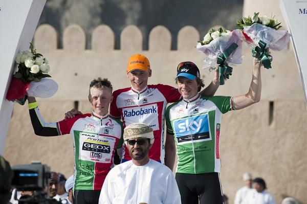 The stage four jersey holders (l-r): Marko Kump, most combative; Robert Gesink, overall lead; Edvald Boasson Hagen, points leader.