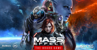 Promotional image for the upcoming Mass Effect board game, featuring female Shephard, Garrus, Tali and Laria 