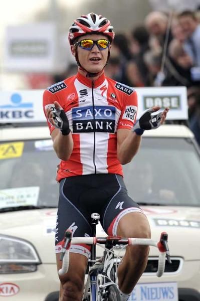 Matti Breschel celebrates his win after a 22km solo escape.